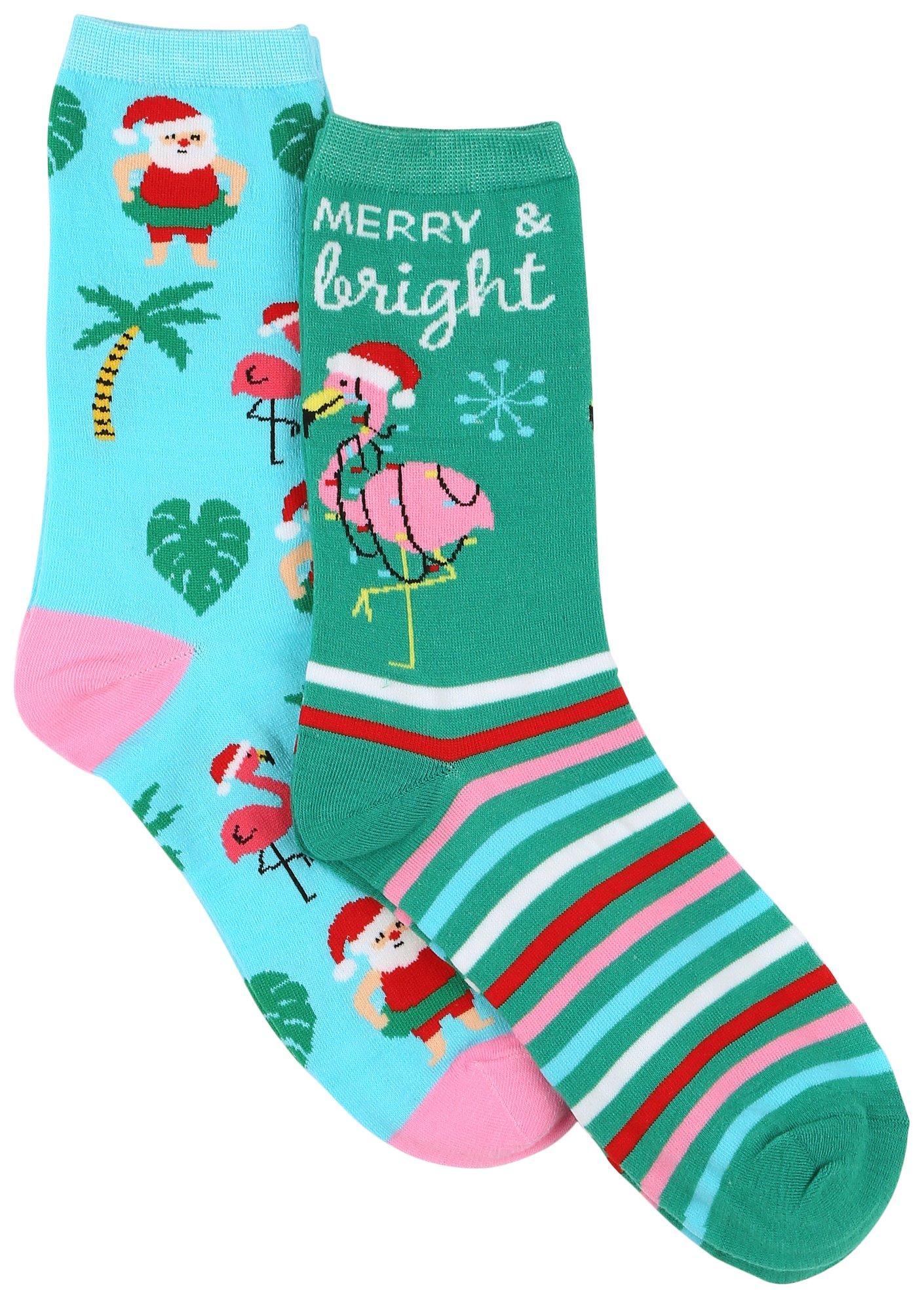 Womens 2-Pr Xmas Flamingo Print Socks Set