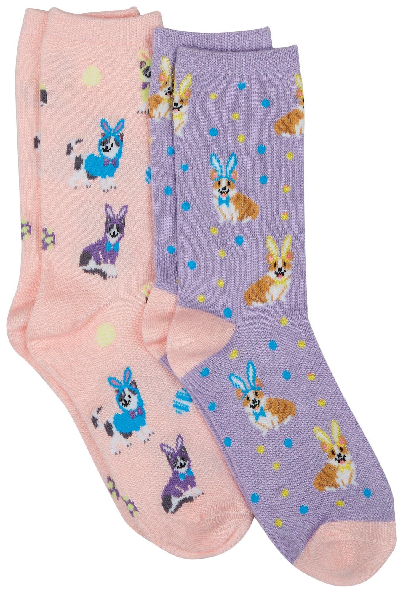 Womens 2 Pk Easter Dog Crew Socks