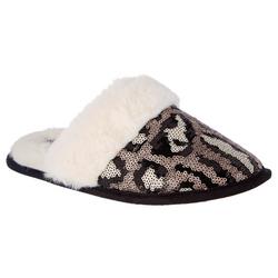 Womens Sequined Faux Fur Scuff Slippers