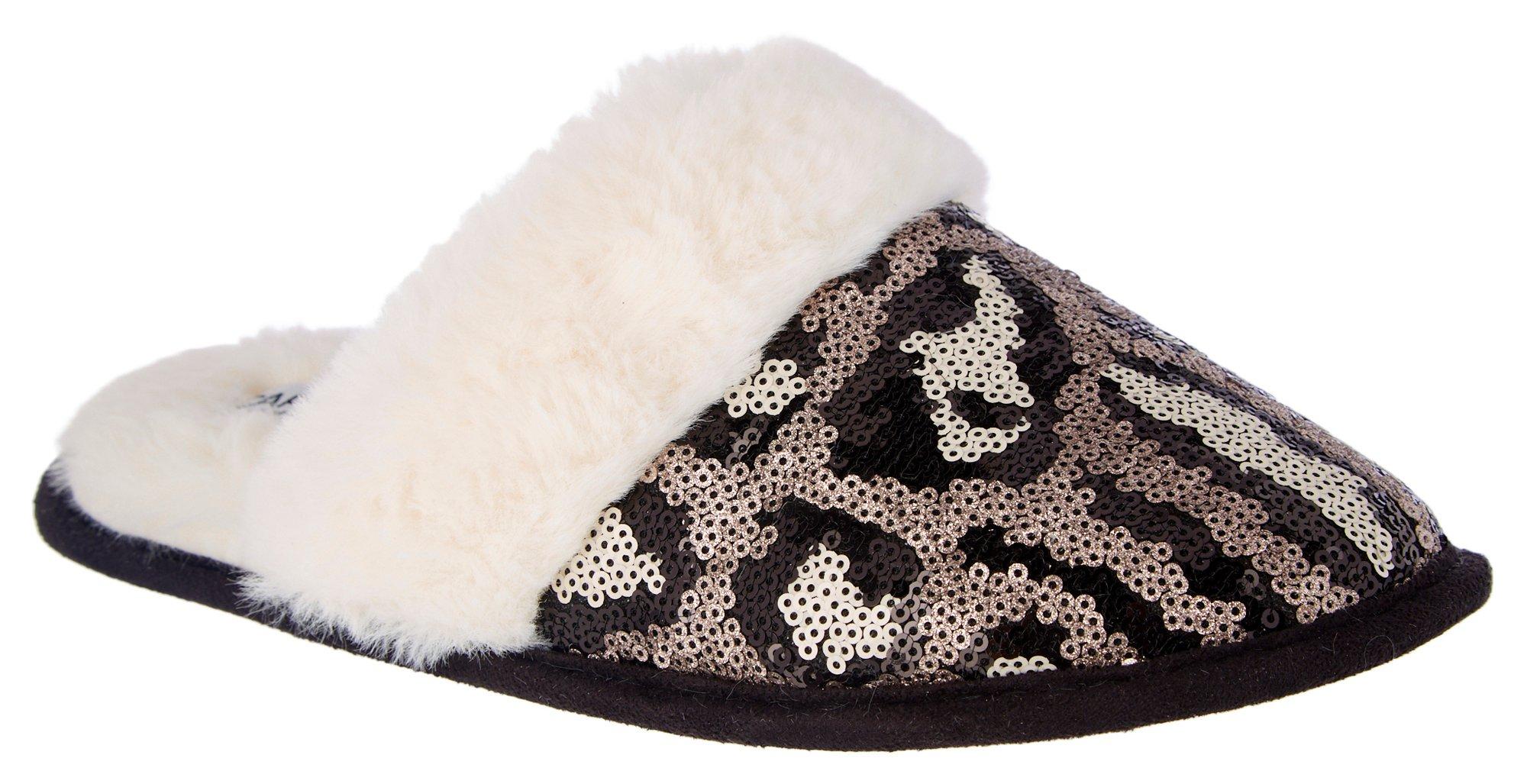 Womens Sequined Faux Fur Scuff Slippers