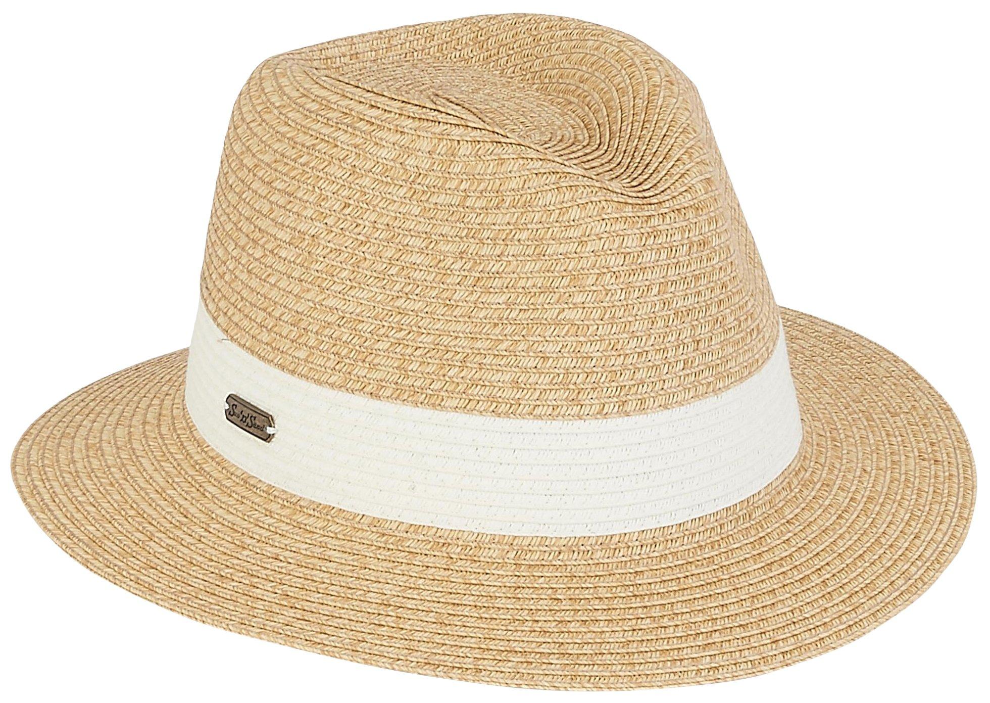 Womens White Ribbon Straw Fedora Hat
