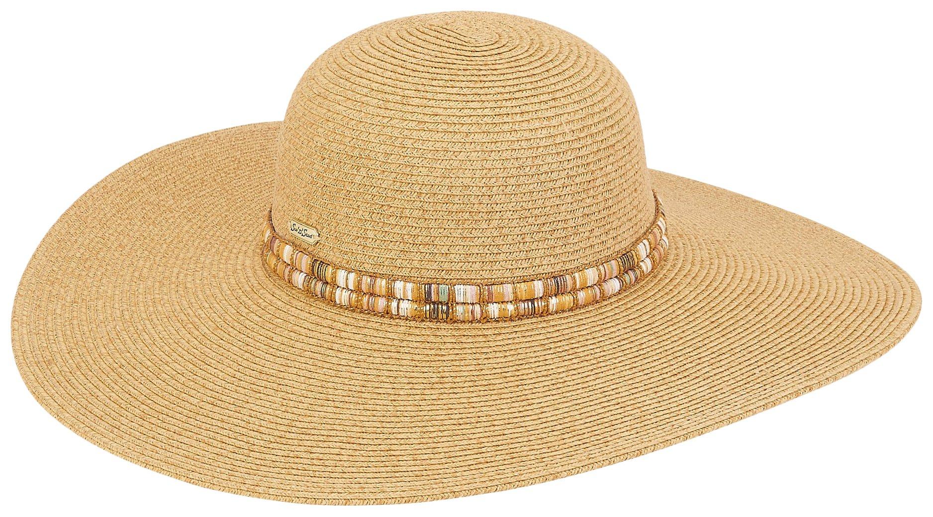 Womens Bead Hatband Woven Straw Floppy Sun Hat