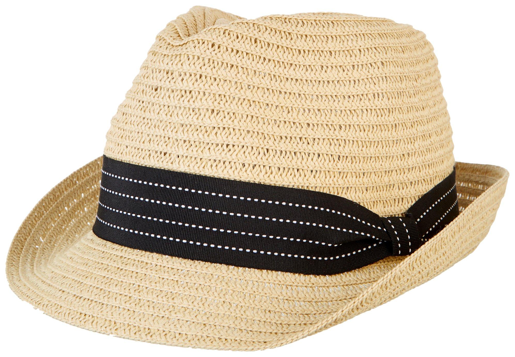 Womens Black Ribbon Straw Fedora Hat