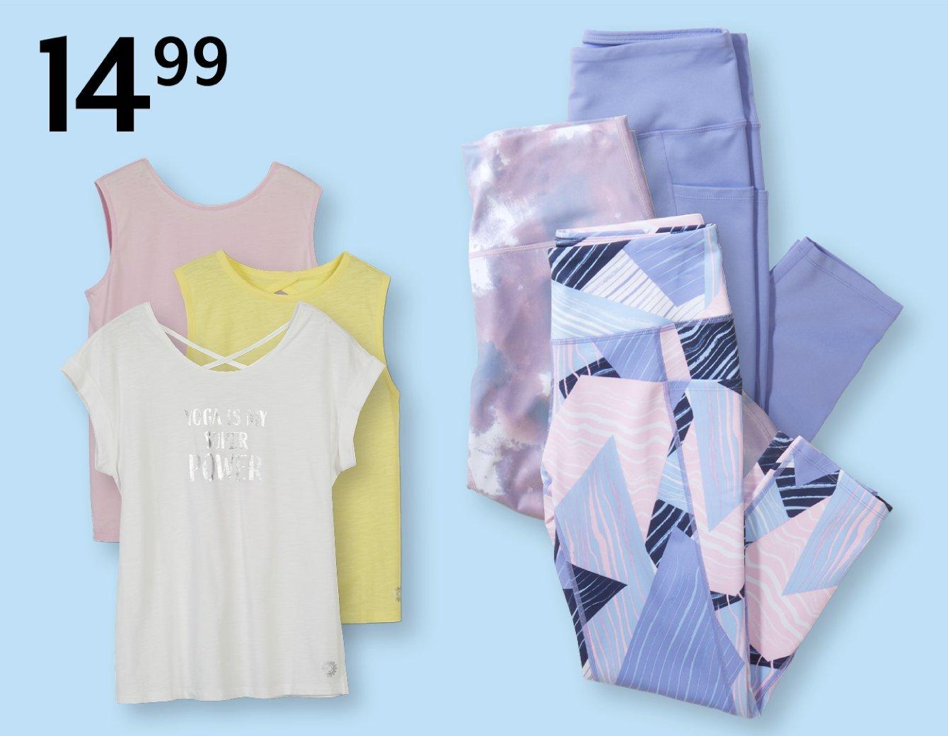 14.99 active tanks, tees or capris for women
