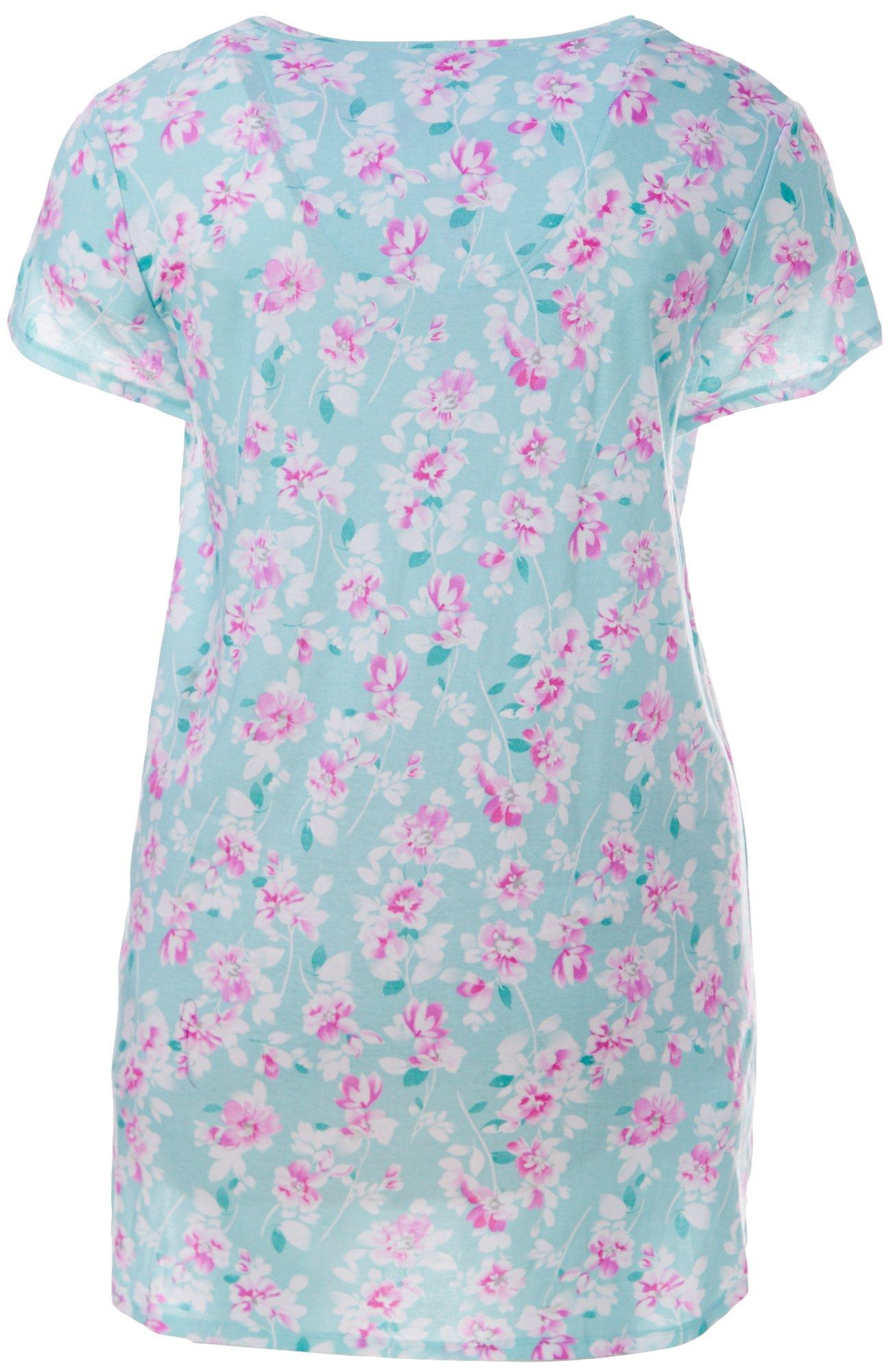 Karen Neuburger Plus Floral Print Henley Nightgown 1X Blue/pink/white ...