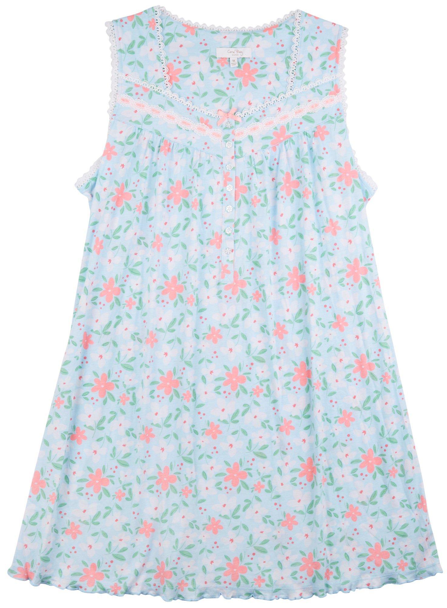 Coral Bay Plus 36 in. Floral Lace 100% Cotton Nightgown