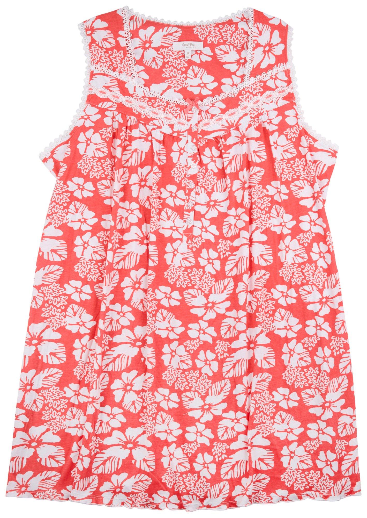 Coral Bay Plus 36 in. Lace Floral 100% Cotton Nightgown