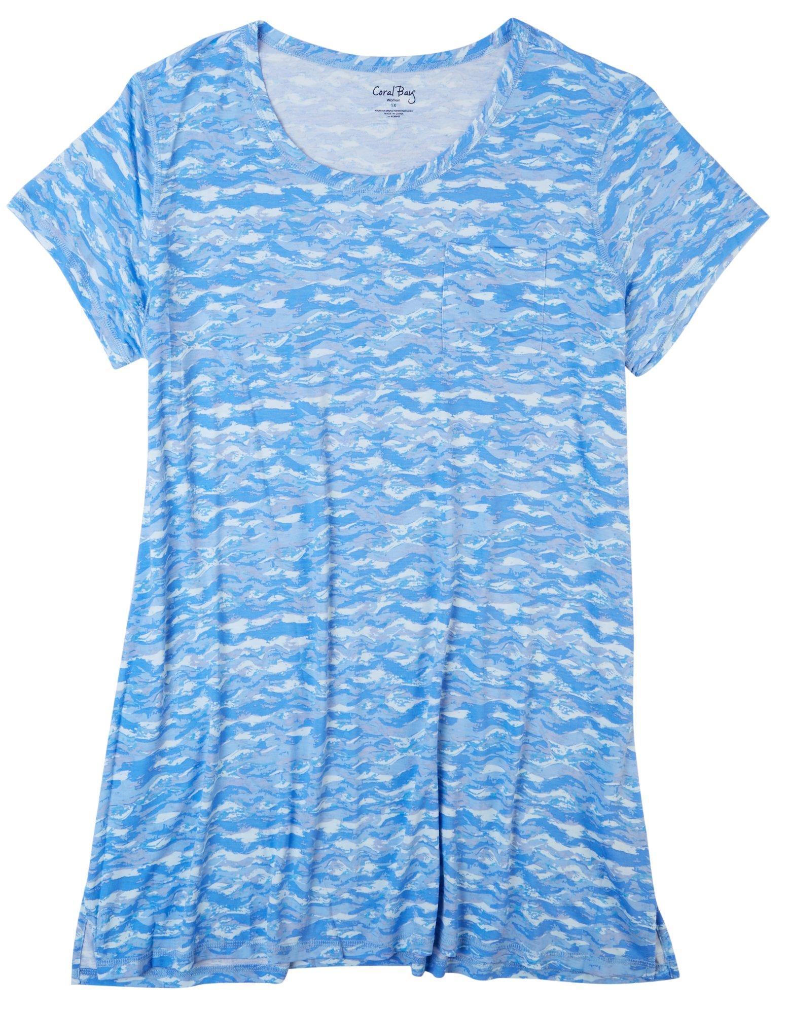 Coral Bay Womens Abstract Wave Short Sleeve Pocket
