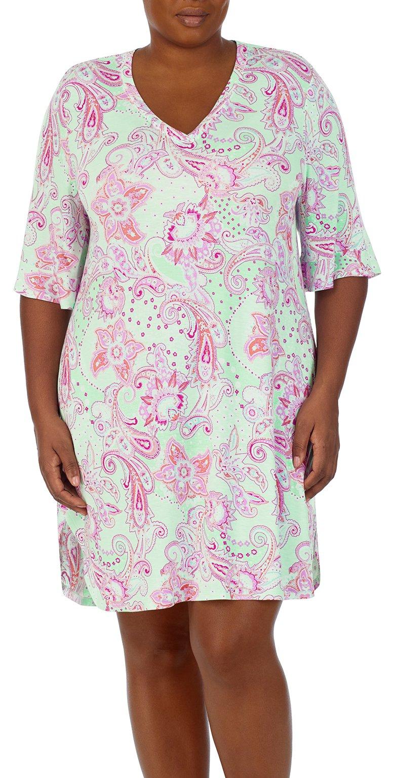 Plus Paisley V-Neckline Elbow Sleeve Nightgown