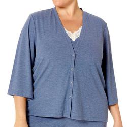 Plus Snap Front V Neck 3/4 Sleeve Pajama Top