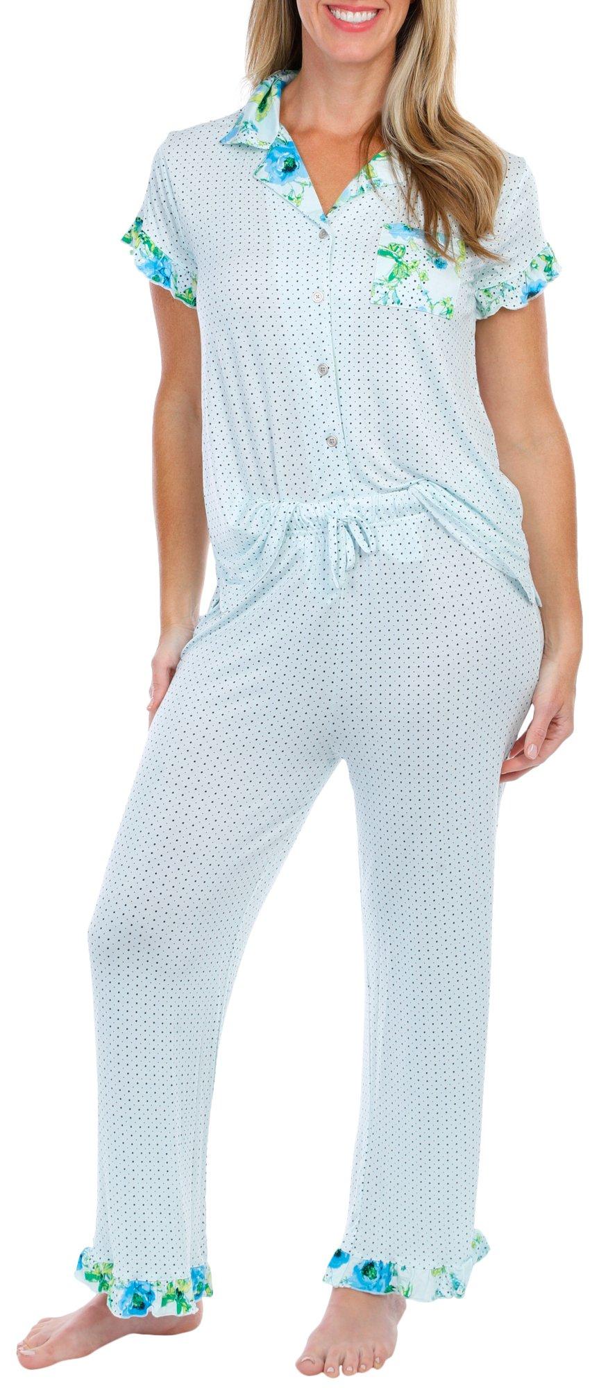 Womens 2-Pc. Dots Ruffle Notch Collar Pajama Set