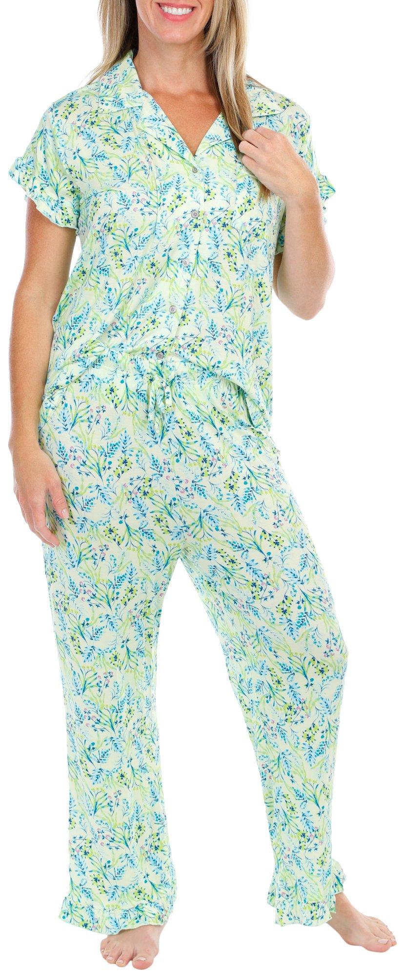 Womens 2-Pc. Floral Ruffle Notch Collar Pajama Set