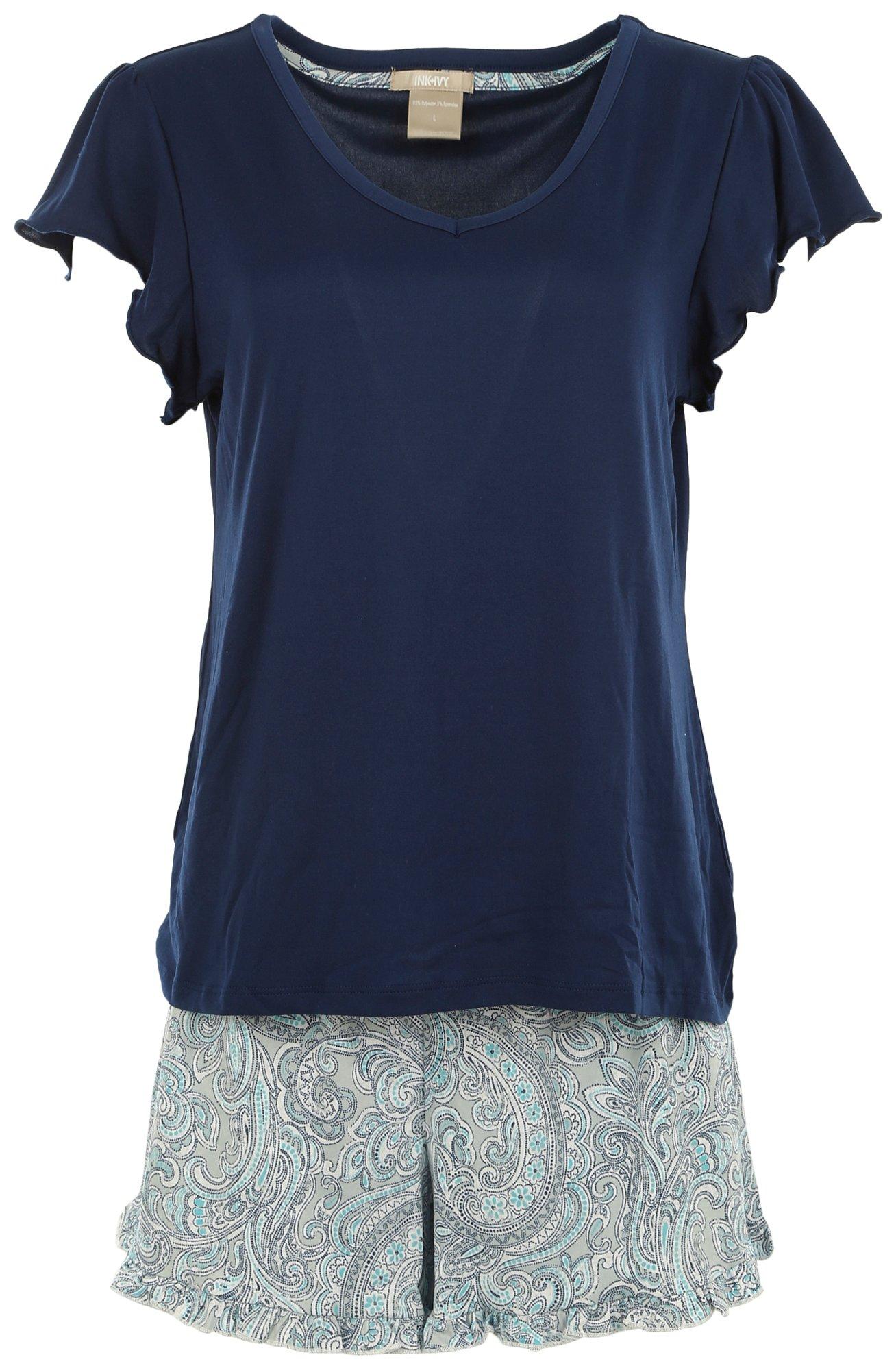 Ink + Ivy Womens Solid V Neck Short Ruffle Sleeve Top