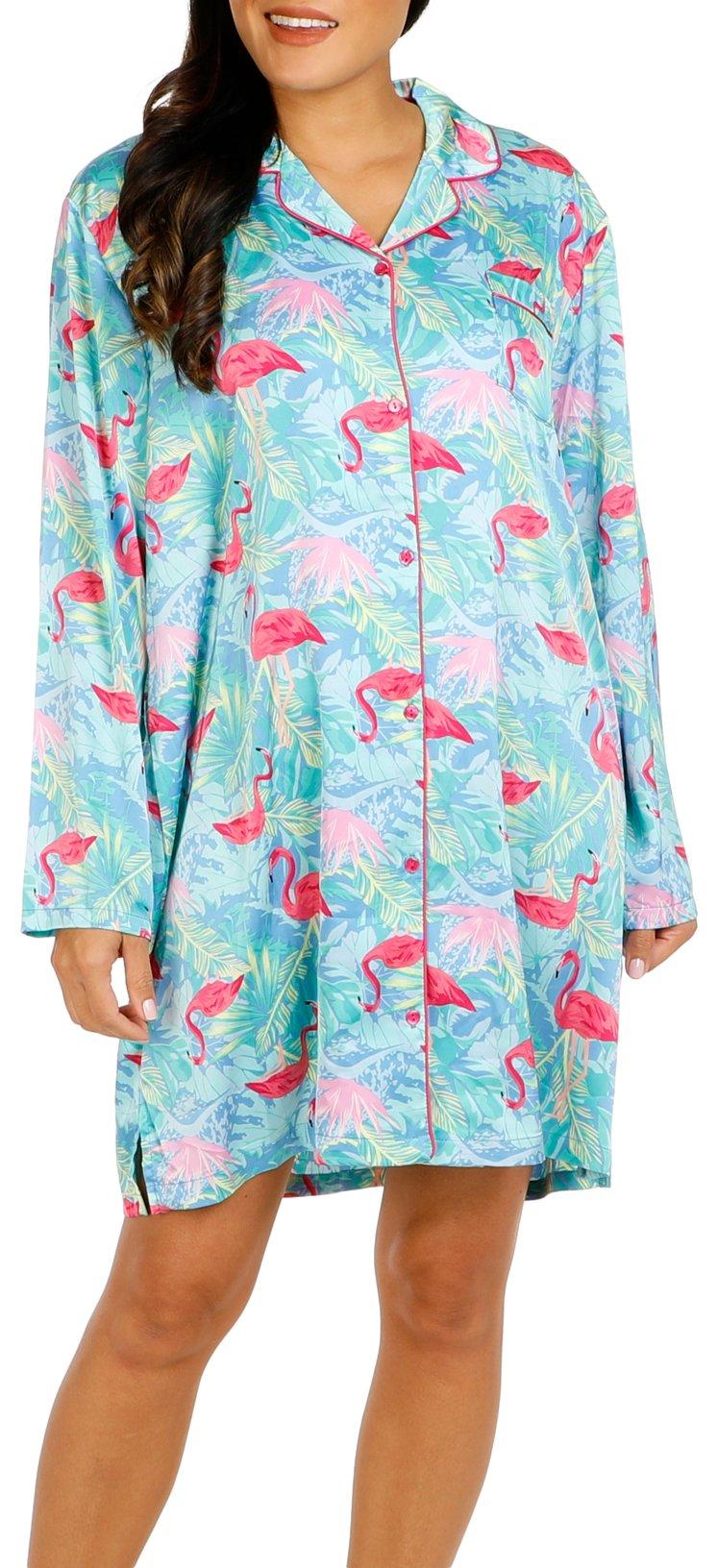 Womens Flamingo Print Long Sleeve Sleepshirt
