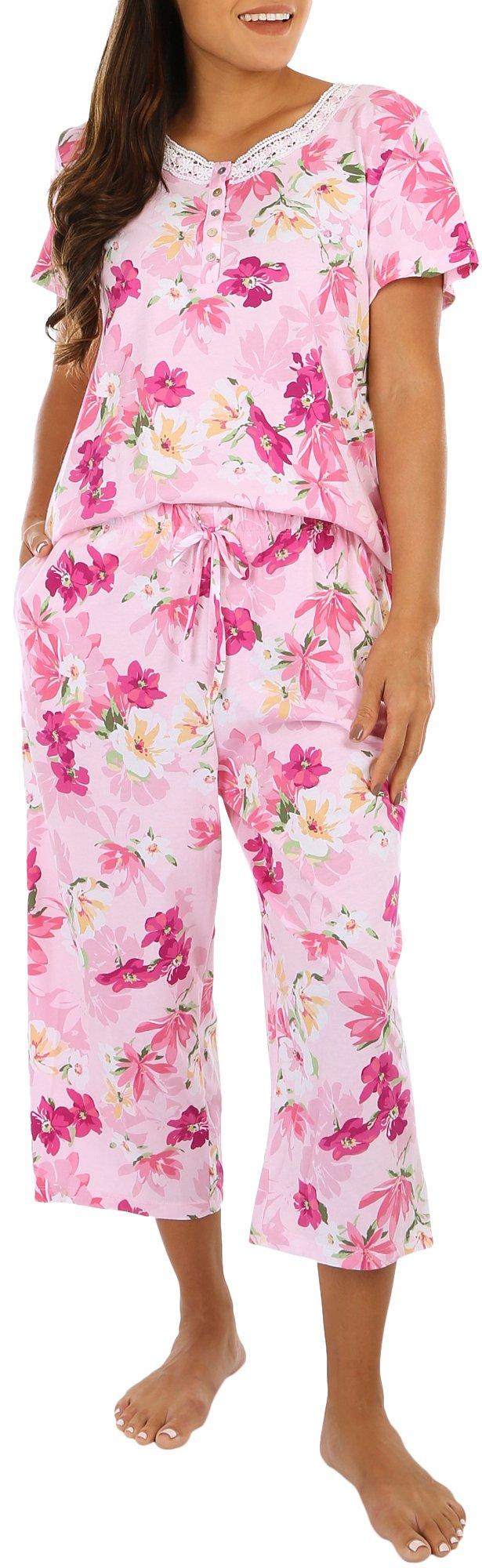 Aria Womens 2-Pc. Floral Short Sleeve Top & Capris Sleep Set