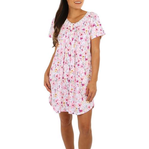 Aria Womens Floral Lace Smocked Short Sleeve Nightgown