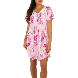 Womens Floral Lace Smocked Short Sleeve Nightgown