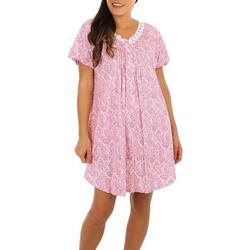 Womens Damask Lace Smocked Short Sleeve Nightgown