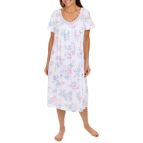 Aria Womens Lace Smocked Floral Short Sleeve Nightgown