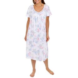 Womens Lace Smocked Floral Short Sleeve Nightgown