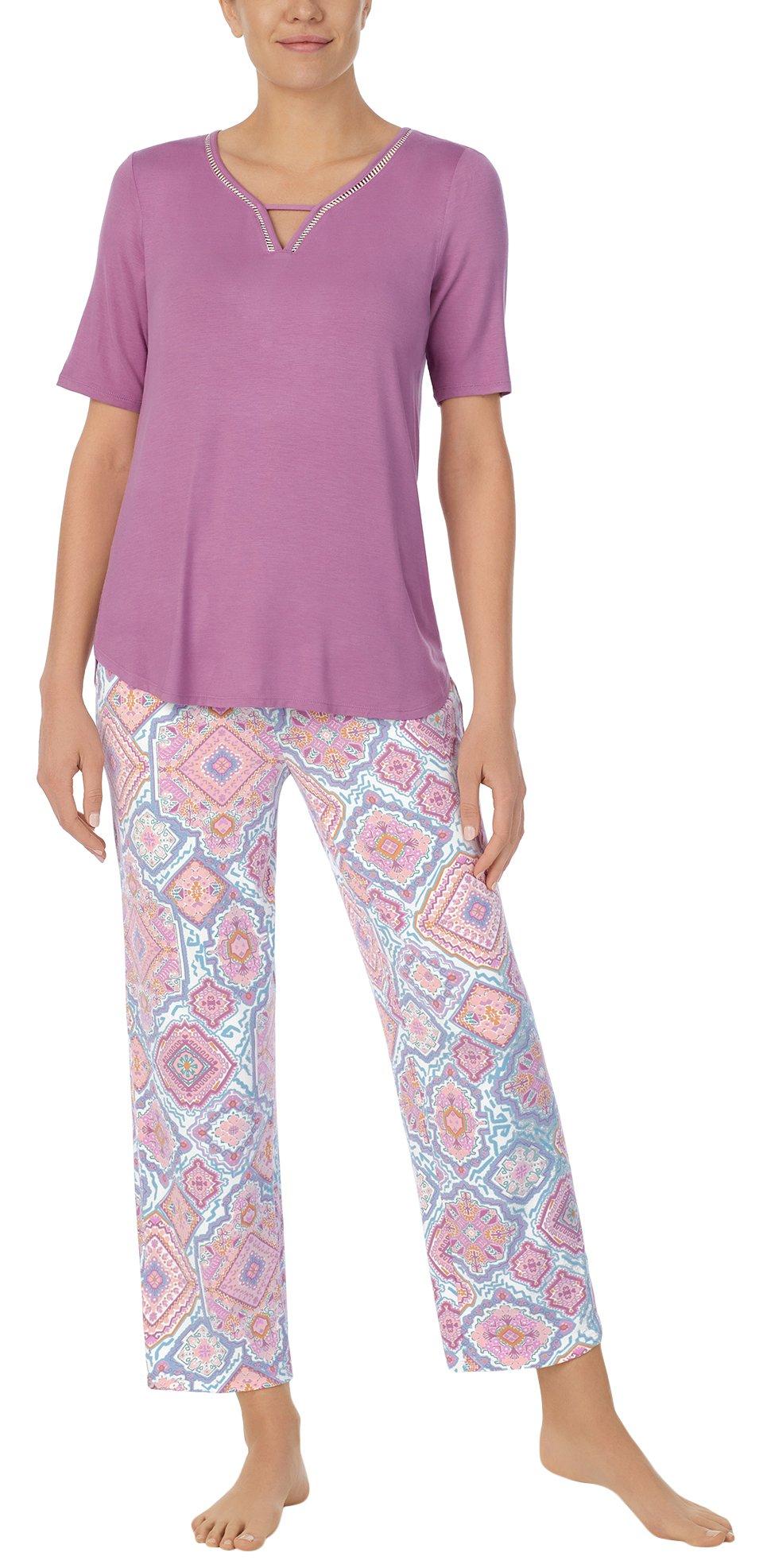 Ellen Tracy Womens 2-Pc. Solid Top & Print Pants Sleep Set