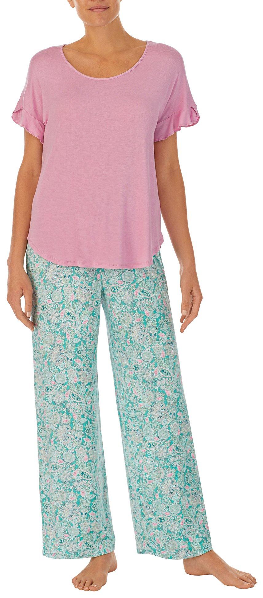 Ellen Tracy Womens 2-Pc. Solid Top & Floral Pants Sleep Set