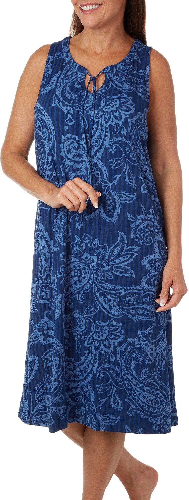 Womens Tie Front Blue Paisley Sleeveless Midi Nightgown