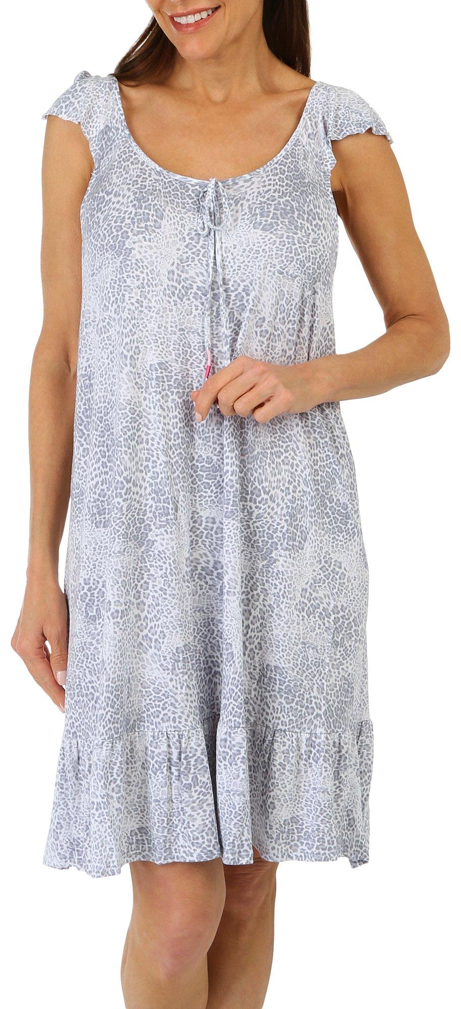 Ellen Tracy Womens Animal Print Flutter Sleeve Nightgown