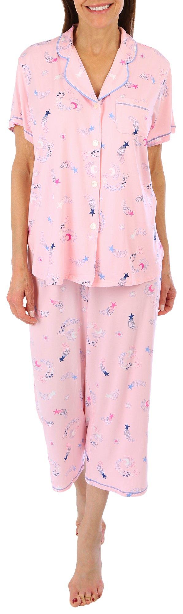 Pink and Magenta Floral Short Sleeve Capri Pant PJ Set - Aria