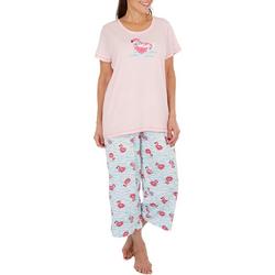 Womens Solid Flamingo Tee & Print Capri Sleepwear Set