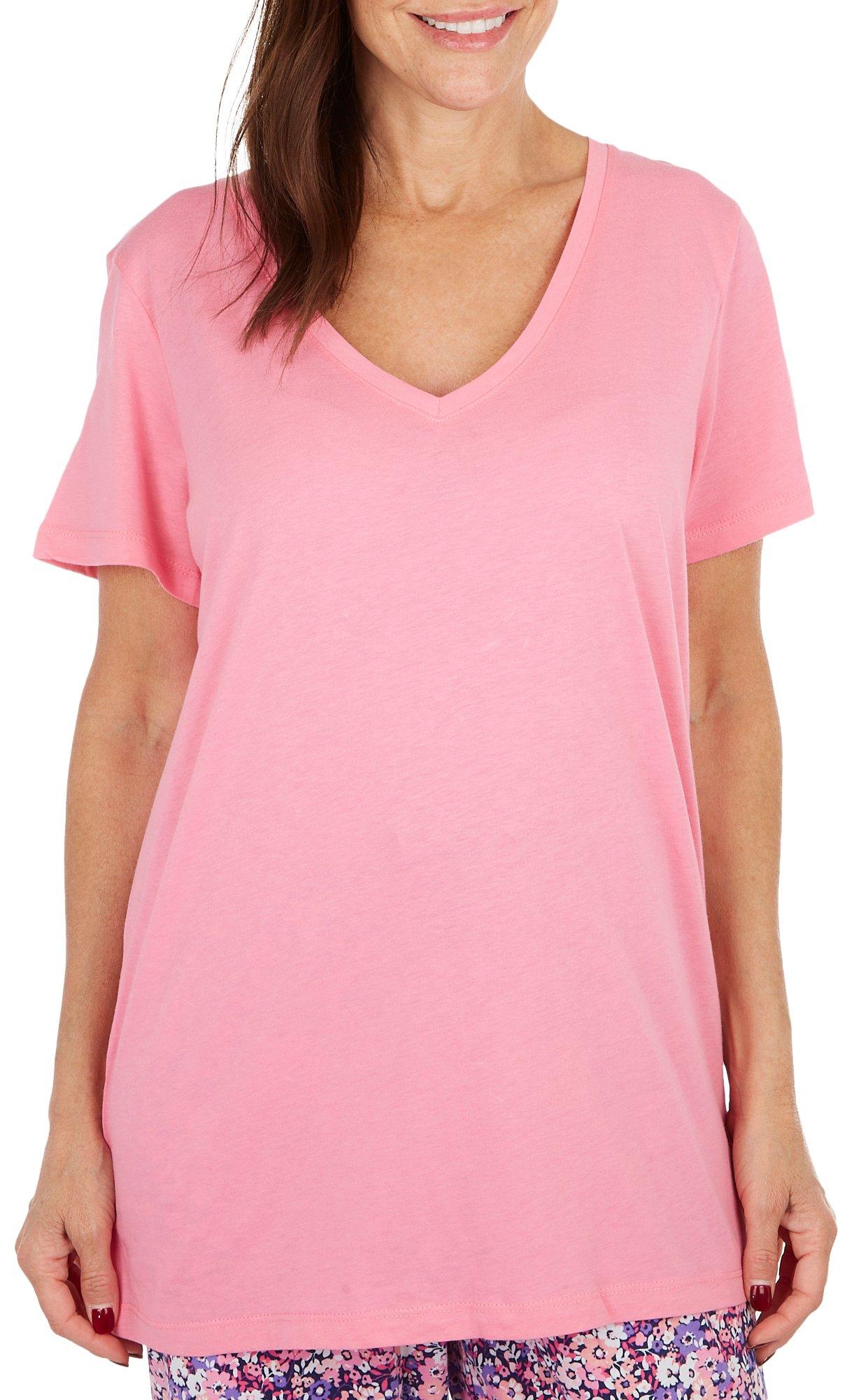 Womens Solid Short Sleeve V Neck Pajama Top