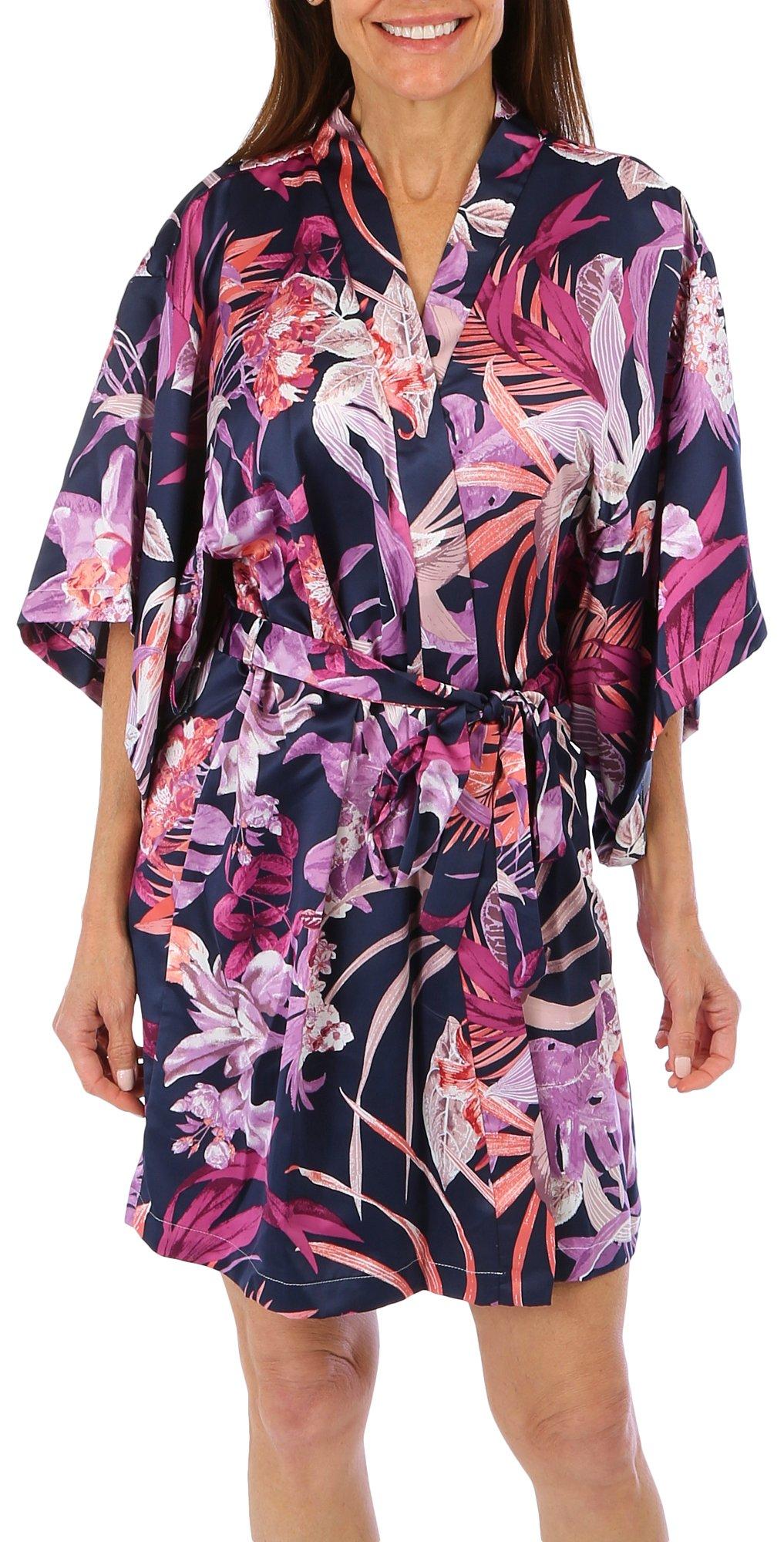 Linea Donatella Womens Print Kimono Short Sleeve Wrap Robe