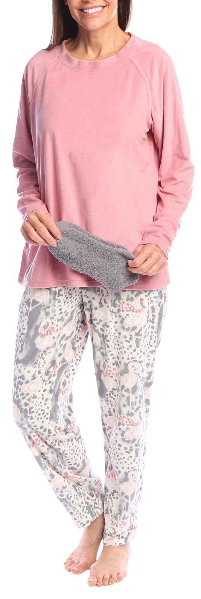 Womens 2-Pc. Flamingo Print Plush Sleep Set