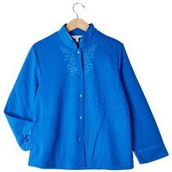 Womens Double Knit Button Down Embroidered Bed Jacket