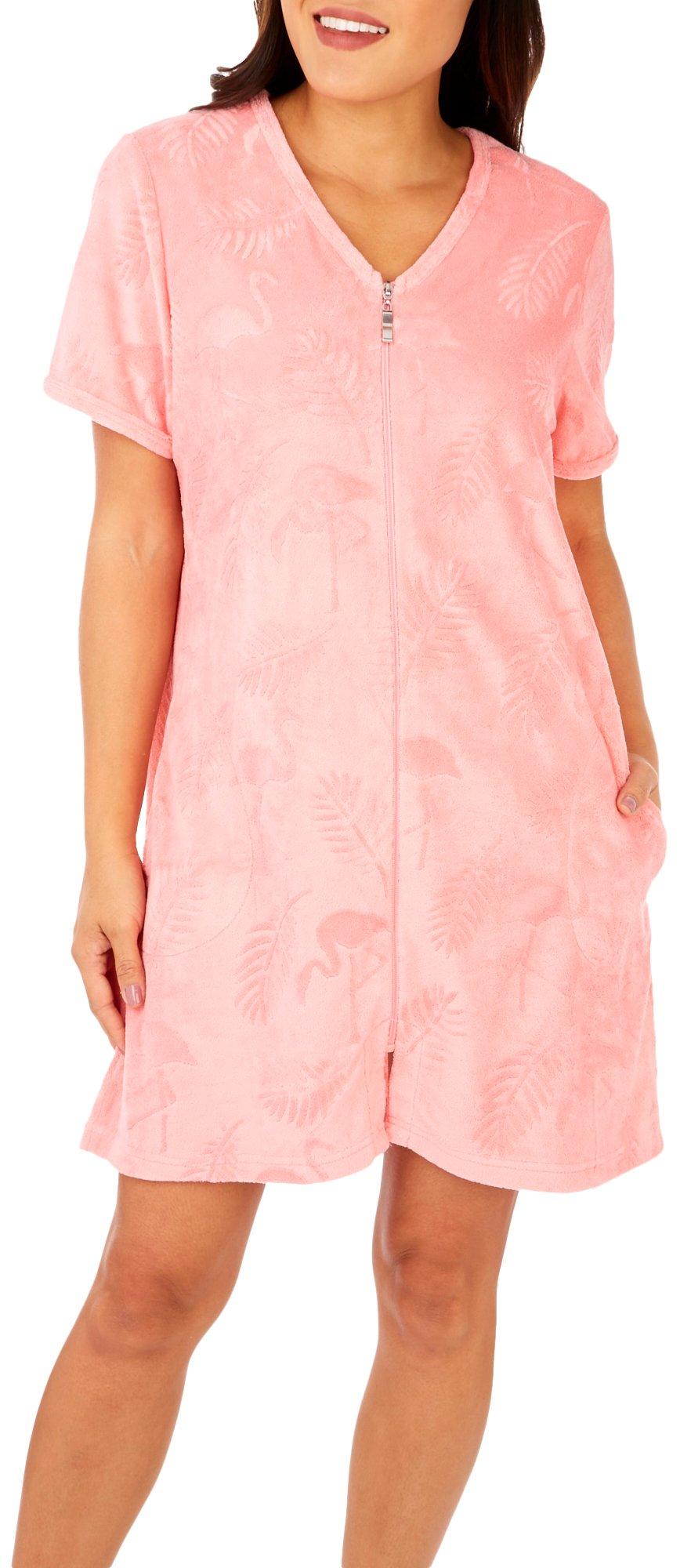 Womens Solid Flamingo Micro Terry Zipper Duster Robe