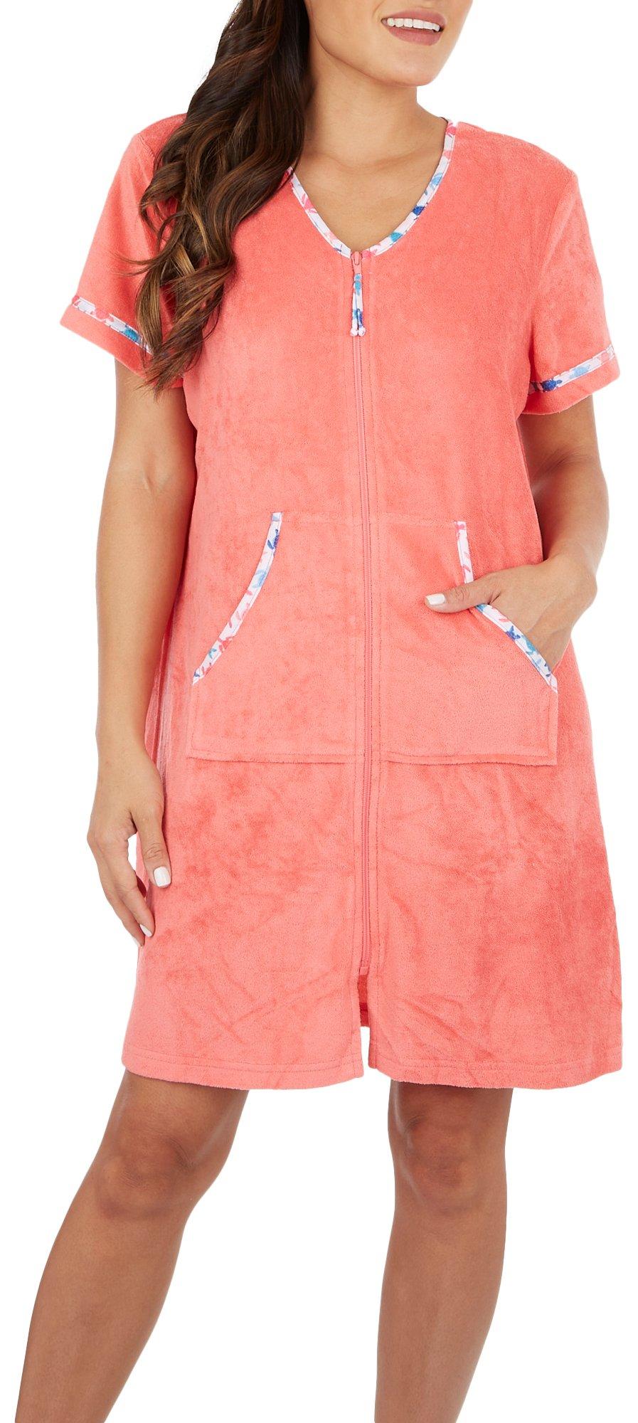 Womens Solid Micro Terry Zippered Duster Robe