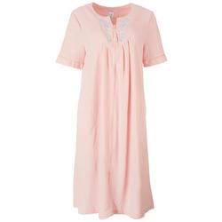Womens Floral Embroidery Knit Zip-up Nightgown