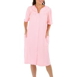 Womens Solid Waffle Embroidered Snap Duster Robe
