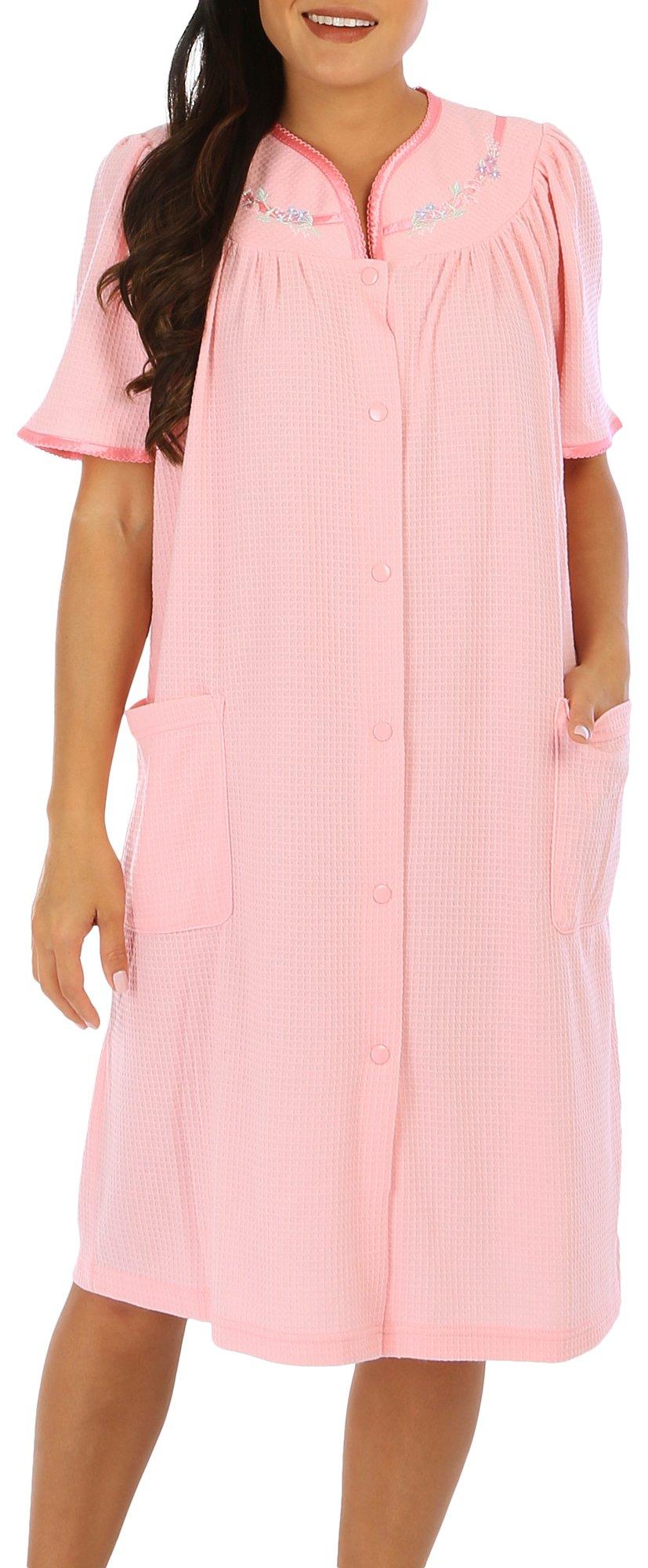 Coral Bay Womens Solid Embroidered Waffle Snap Duster Robe