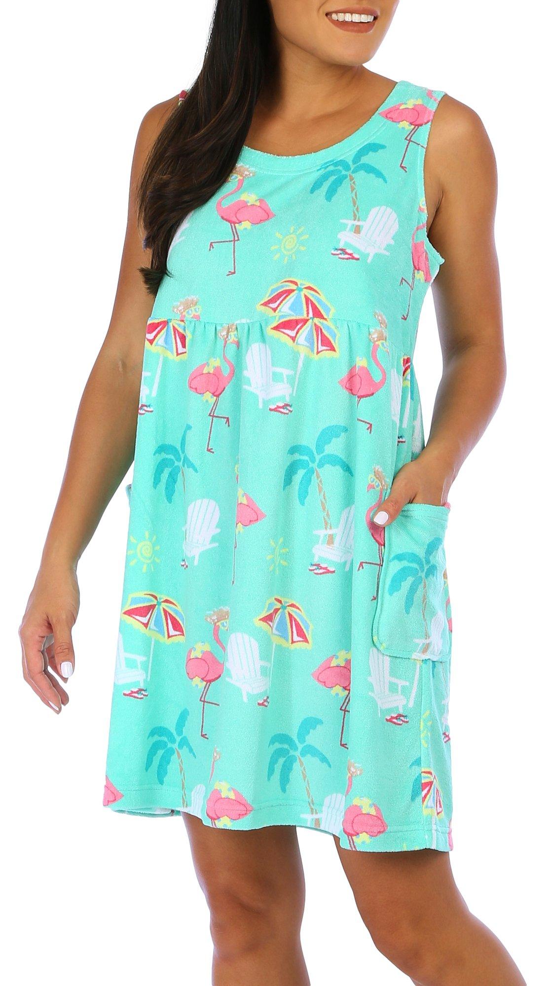Coral Bay Womens Flamingo Sleeveless Terry Dress