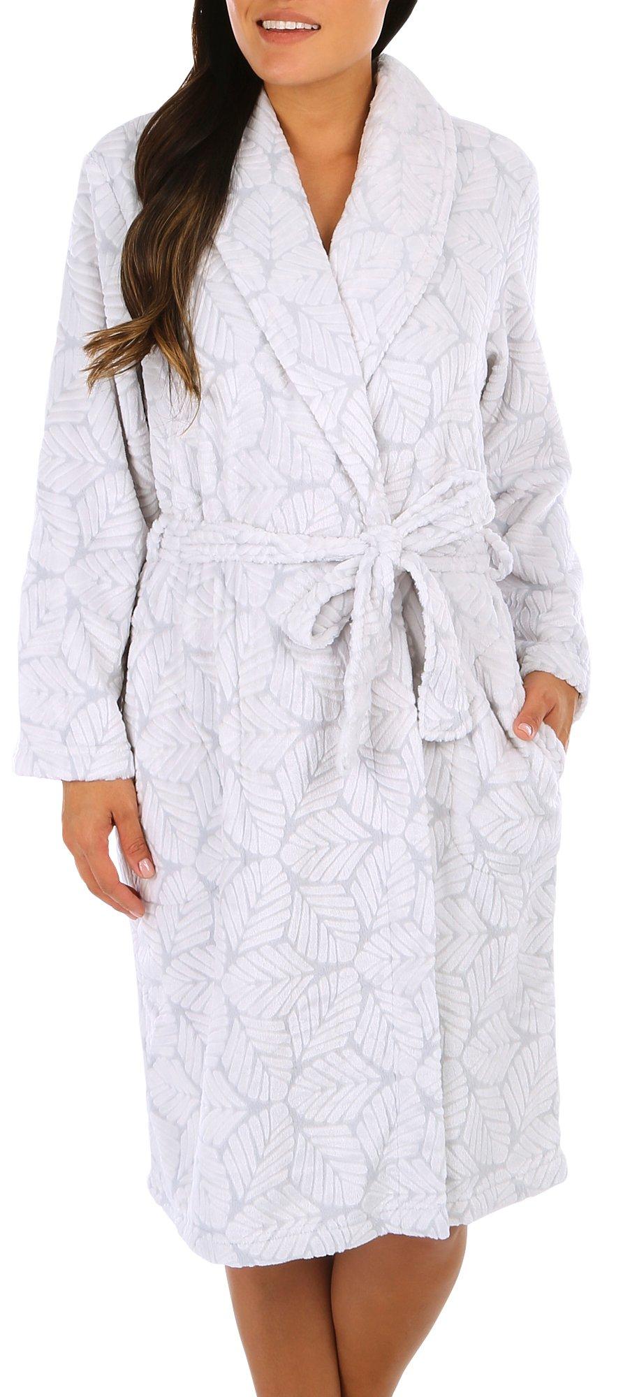 Womens Plush Leaf Print Shawl Long Sleeve Robe