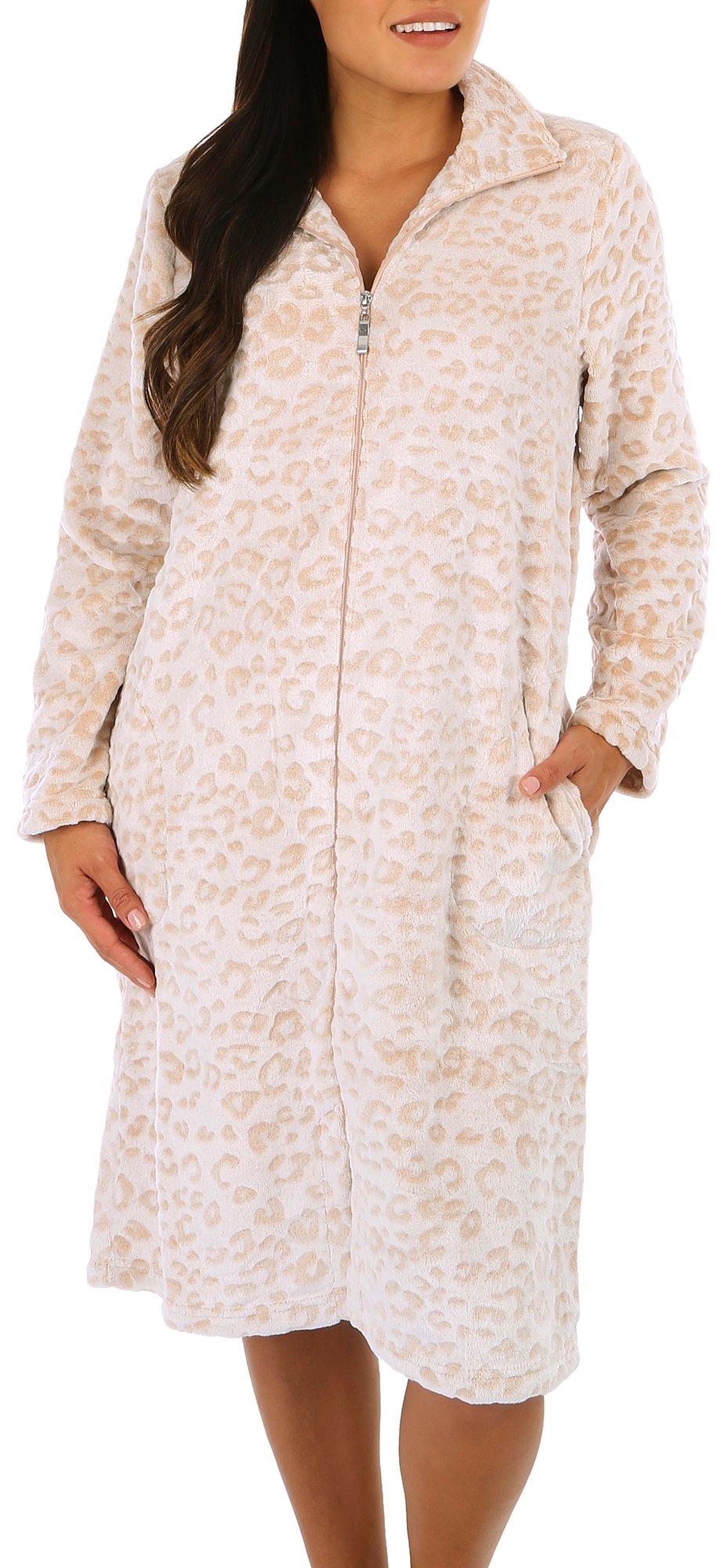 Womens Plush Leopard Mock Collar Long Sleeve Robe