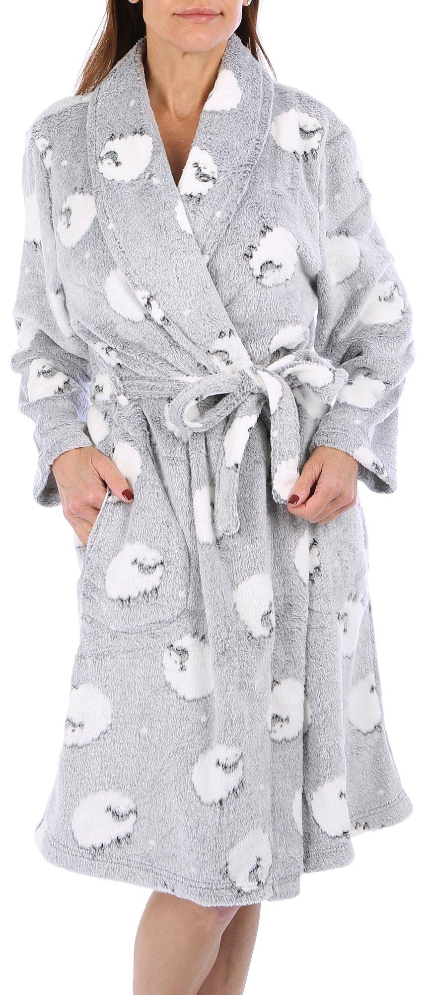 Womens Sheep Print Plush Bath Robe