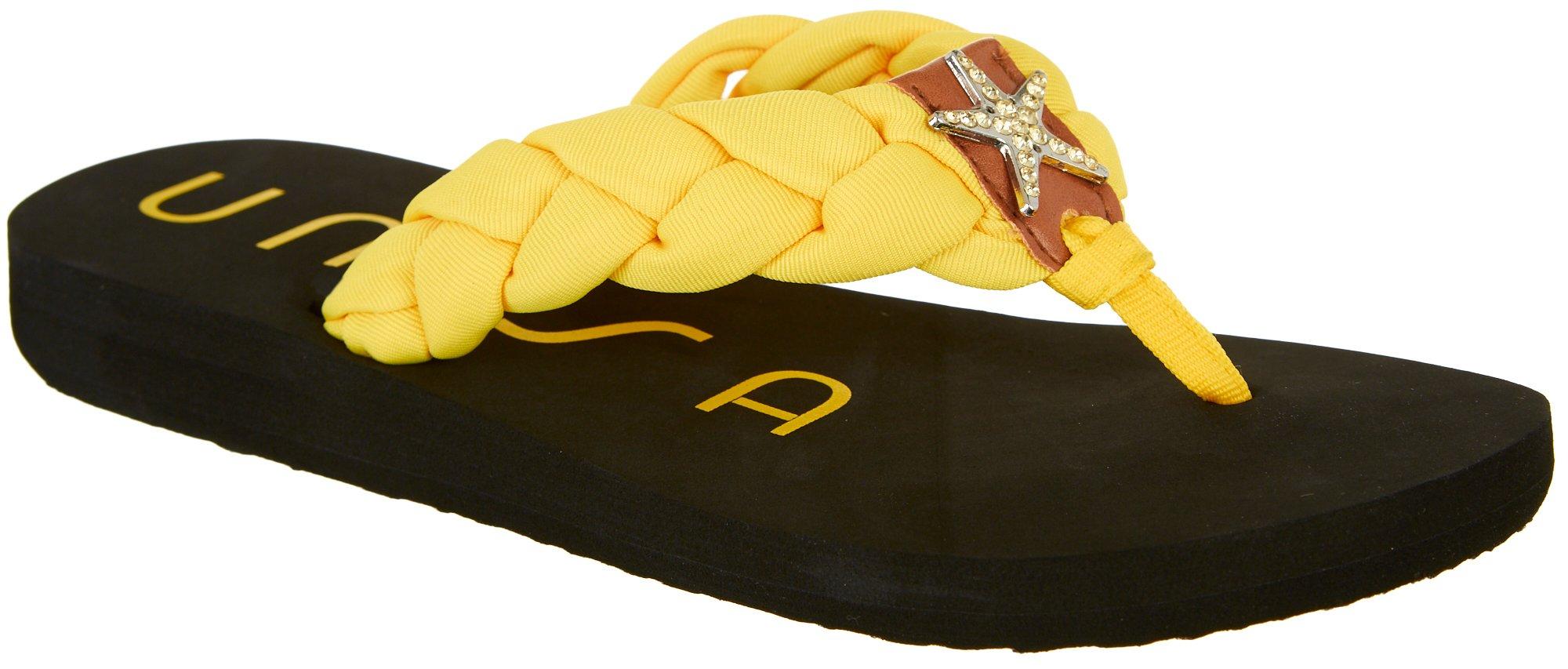 yellow box flamingo flip flops