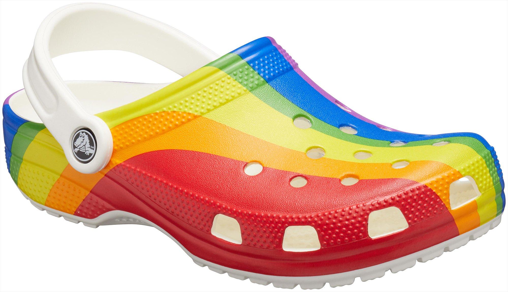 white crocs with crocs on the side in rainbow