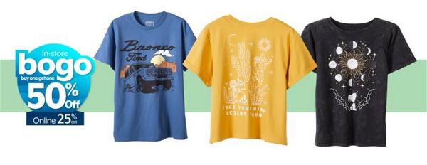 In-store BOGO 50%, 25% Off Online Graphic tees for juniors