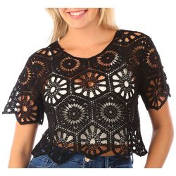 Juniors Solid Hexagon Floral Crochet Short Sleeve Top
