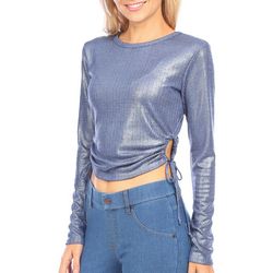 Juniors Solid Ribbed Side Ruche Long Sleeve Top