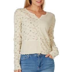 Poof Juniors Floral Panel Waffle Knit Long Sleeve Top