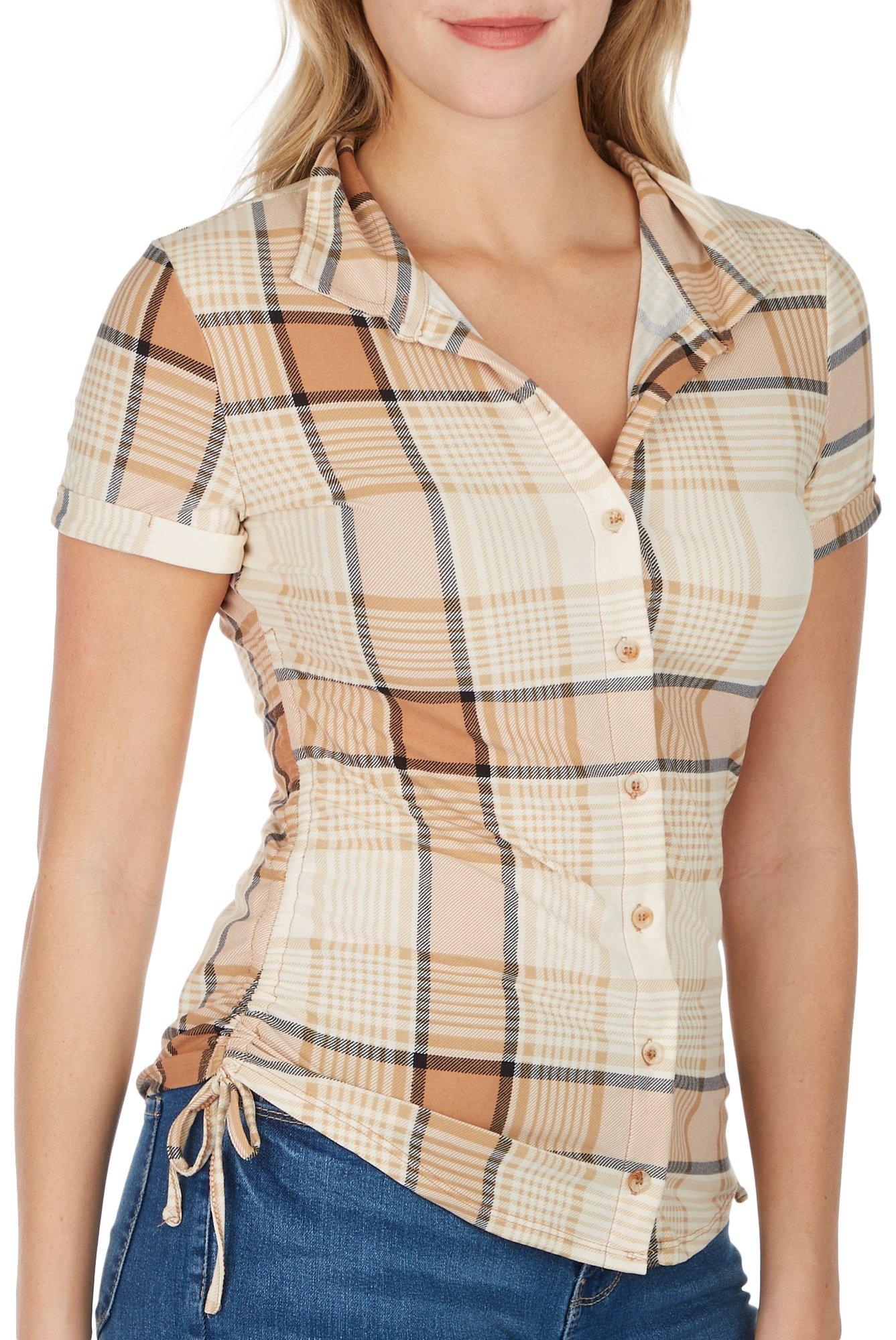 Derek Heart Juniors Plaid Button Side Tie Short Sleeve Top